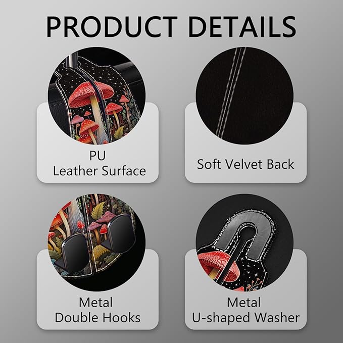 Blusabaca 2PCS Car Seat Back Storage Headrest Hooks, Mushroom Purse Holder Bags Hanger, PU Leather Double Metal Hook for Backseat Organizer, Women Car Accessories Organization