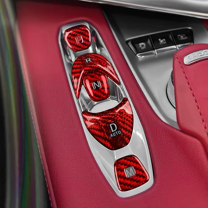 Carbon Fiber, Car Gear Shift Button Cover, for C8 Center Console Panel Cover Decoration for Chevrolet Corvette C8 2020 2021 2022 2023, Red
