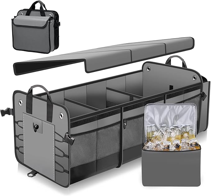 Large Trunk Organizer with Removable Cooler Bag-Collapsible Durable Multi Compartments w/ Foldable Cover, Non Slip Bottom Cargo Storage Suitable for Any Car, SUV, Truck, or Van(3 compartments,Gray）