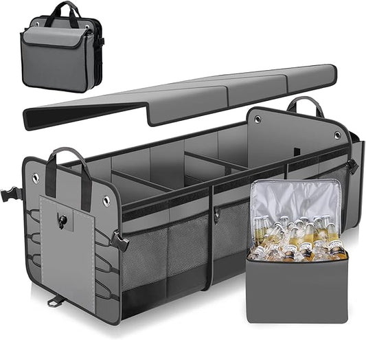 Large Trunk Organizer with Removable Cooler Bag-Collapsible Durable Multi Compartments w/ Foldable Cover, Non Slip Bottom Cargo Storage Suitable for Any Car, SUV, Truck, or Van(3 compartments,Gray）