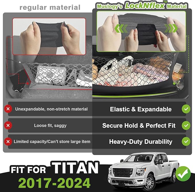 Muslogy Truck Bed Cargo Net Compatible with Nissan Titan 2017-2025 Accessories Storage Organizer Pickup Truck Bed Envelope Style Cargo Net with Heavy Duty Carabiners