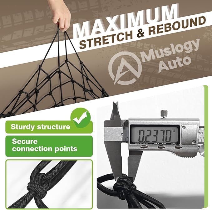 Muslogy Cargo Net Compatible with Pickup Truck Bed Organizer Divider Stretchable 4'x6' to 8'x12' High Elastic Trailer Accessories Storage Bungee Mesh with 14 Metal Carabiners (Upgraded 6mm Latex)