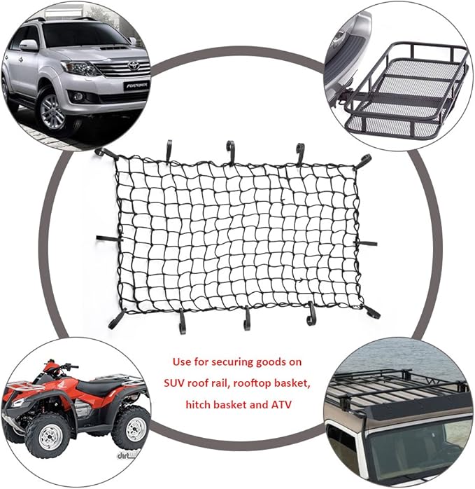 CZC AUTO 22"x38" Black Latex Bungee Cargo Net Strech to 44"x76", Luggage Netting with 2"X2" Small Mesh and 12 Adjustable Plastic Hooks for Rooftop Cargo Carrier Roof Rail Rack Hitch Basket SUV
