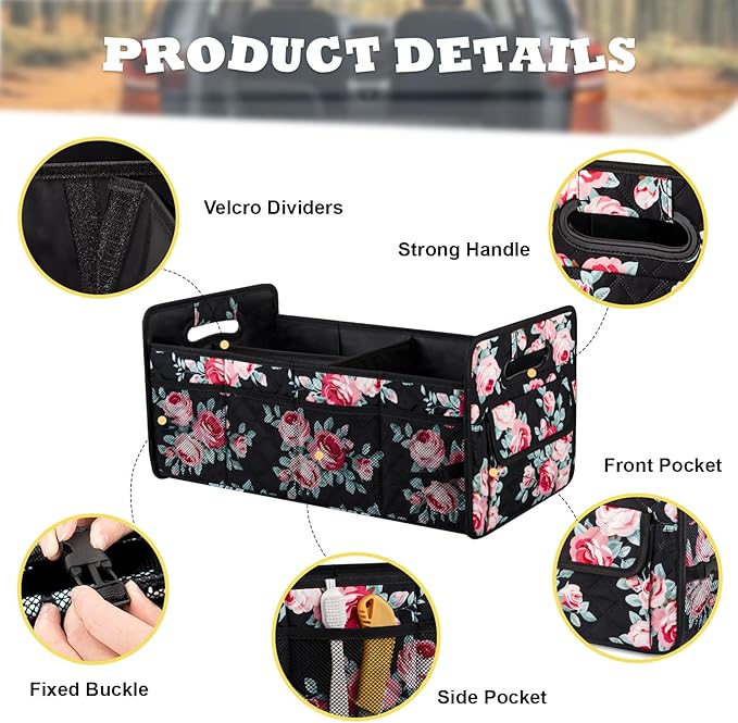 JiatuA Car Trunk Organizers and Storage Collapsible Multi Compartment Container Box, Adjustable Car Accessories for SUV Sedan Truck, Standard Size, Black Floral