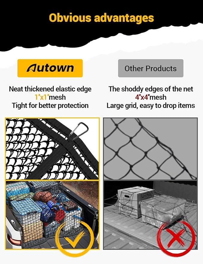Cargo Net for Pickup Truck Bed - Stretchable 4'x4' to 7'x7', High Elastic Fine Mesh 1''x1'' with 8 Metal Carabiners - Ideal for ATV, SUV, UTV, Truck and Boat Use (Double Layer)