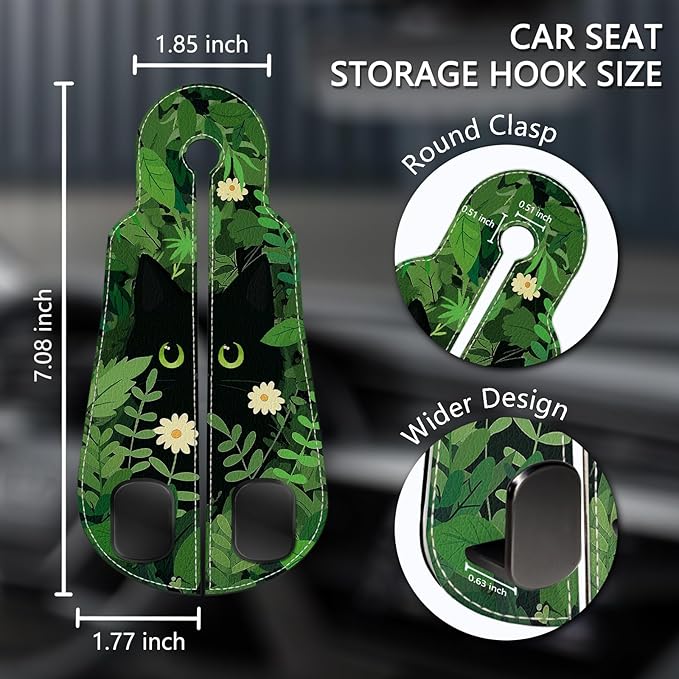 Blusabaca 2PCS Car Seat Back Storage Headrest Hooks, Black Cat Floral Purse Holder Bags Hanger, PU Leather Double Metal Hook for Backseat Organizer, Women Car Accessories Organization