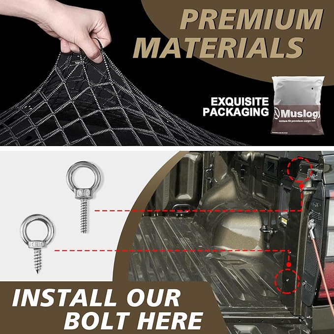 Muslogy Truck Bed Cargo Net Compatible with Ford Ranger 2024 2025 Accessories Storage Organizer Pickup Truck Bed Envelope Style Cargo Net with Heavy Duty Carabiners