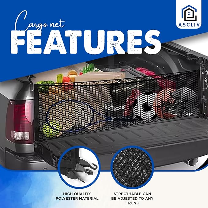 Truck Bed Cargo Net for Pickup Truck, 48”x 48” Stretchable Bungee Net with Adjustable Metal Hooks, Elastic Storage Organizer Net, for Car, SUVs, and Trucks