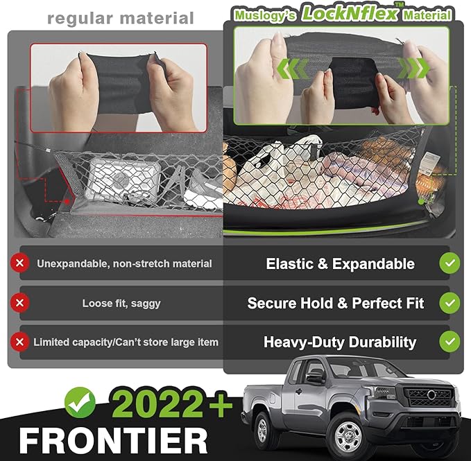 Muslogy Truck Bed Cargo Net Compatible with Nissan Frontier 2022-2024 2025 Accessories Storage Organizer Pickup Truck Bed Envelope Style Cargo Net with Heavy Duty Carabiners (Extra Support Frame)