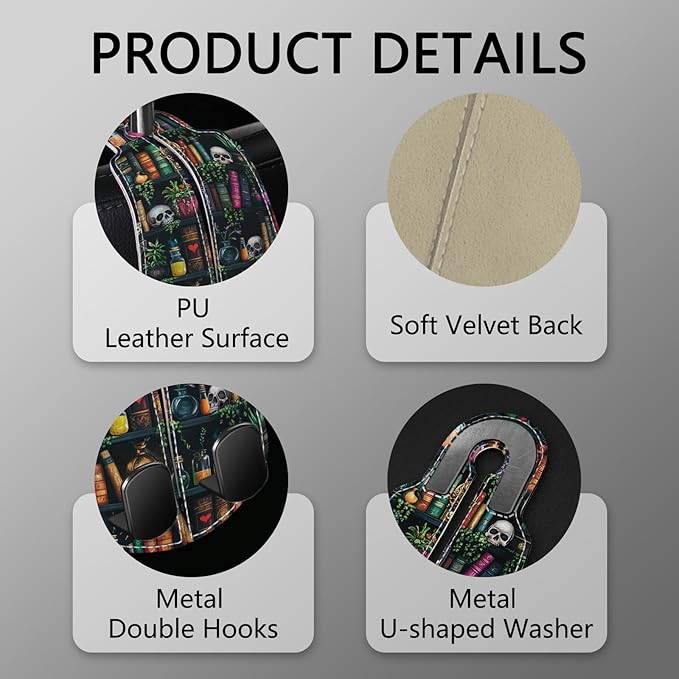 Blusabaca 2PCS Car Hooks Purses and Bags, Goth Gothic Bookshelf Skull Skeleton Seat Back Storage Headrest Holder Hanger PU Leather Double Metal Backseat Organizer, Women Car Accessories Organization