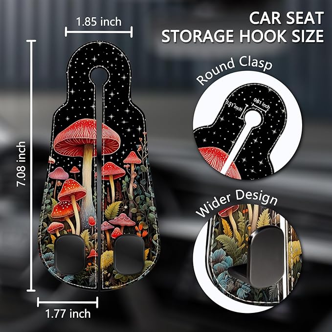 Blusabaca 2PCS Car Seat Back Storage Headrest Hooks, Mushroom Purse Holder Bags Hanger, PU Leather Double Metal Hook for Backseat Organizer, Women Car Accessories Organization