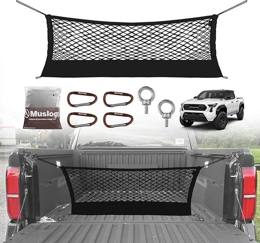 Muslogy Truck Bed Cargo Net Envelope Style Compatible with 2024 2025 Toyota Tacoma Accessories Elastic Mesh Bed Net Stretchable Cargo Organizer with Hooks and Stainless Screw Replacement
