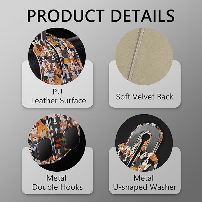 Blusabaca 2PCS Car Seat Back Storage Headrest Hooks, Cute Dogs Puppy Purse Holder Bags Hanger, PU Leather Double Metal Hook for Backseat Organizer, Women Car Accessories Organization