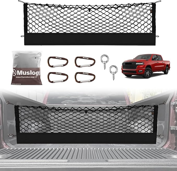 Muslogy Truck Bed Cargo Net Compatible with Dodge Ram 1500 2019-2025 Accessories Storage Organizer Pickup Truck Bed Envelope Style Cargo Net with Heavy Duty Carabiners 10