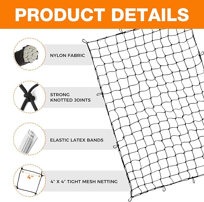 Cargo Net for Pickup Truck Bed 4'x6' (Stretches to 8'x12') - Bungee Mesh with 12 Tangle-Free Carabiners & Storage Bag, Universal Truck Bed Accessories for SUV, Trailer, Tarp Cover