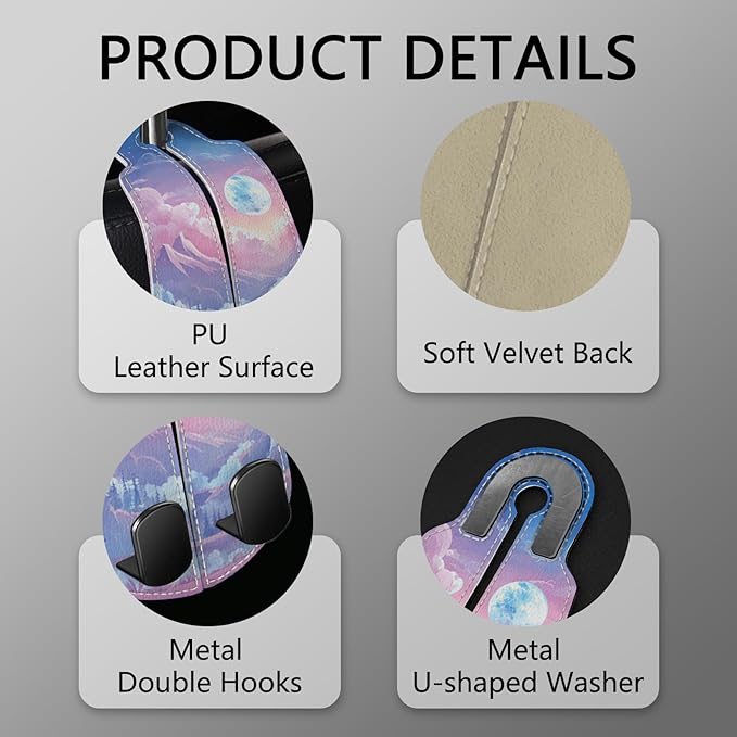 Blusabaca 2PCS Car Hooks for Purses Bags, Cute Midnight Moon Sky Clouds Seat Back Storage Headrest Holder Hanger PU Leather Double Metal Hook Backseat Organizer, Women Car Accessories Organization