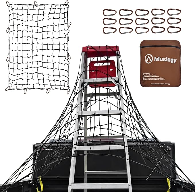 Muslogy Cargo Net Compatible with Pickup Truck Bed Organizer Divider Stretchable 4'x6' to 8'x12' High Elastic Trailer Accessories Storage Bungee Mesh with 14 Metal Carabiners (Upgraded 6mm Latex)
