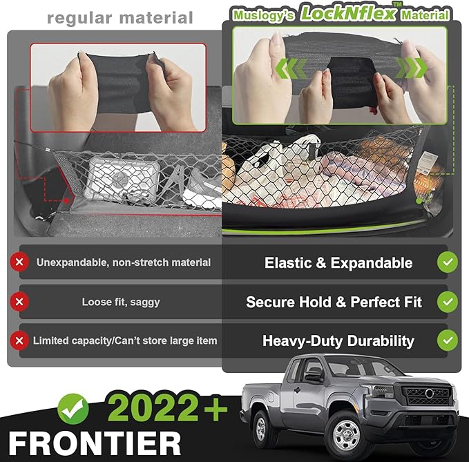 Muslogy Truck Bed Cargo Net Compatible with Nissan Frontier 2022-2025 2026 Accessories Storage Organizer Pickup Truck Bed Envelope Style Cargo Net with Heavy Duty Carabiners 12