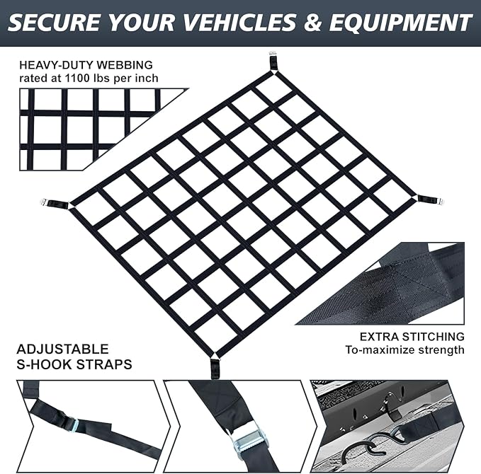 Heavy Duty Cargo Net for Pickup Truck Bed 66" x 50" 1100 lbs Capacity with Adjustable Cam Buckles S-Hooks and Drawstring Storage Bag, Durable Nylon for Trailers and Trucks