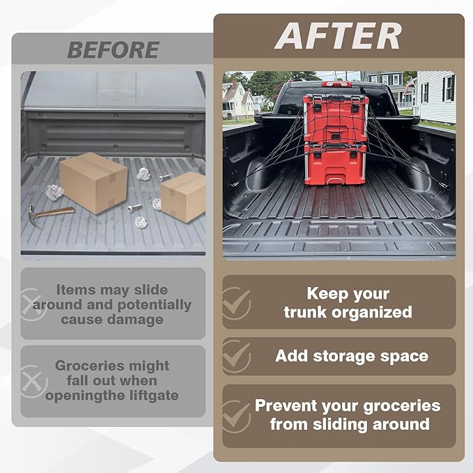 Muslogy Cargo Net Compatible with Pickup Truck Bed Organizer Divider Stretchable 4'x6' to 8'x12' High Elastic Trailer Accessories Storage Bungee Mesh with 14 Metal Carabiners (Upgraded 6mm Latex)