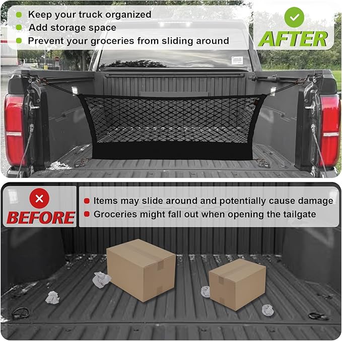 Muslogy Truck Bed Cargo Net Envelope Style Compatible with 2024 2025 Toyota Tacoma Accessories Elastic Mesh Bed Net Stretchable Cargo Organizer with Hooks and Stainless Screw Replacement