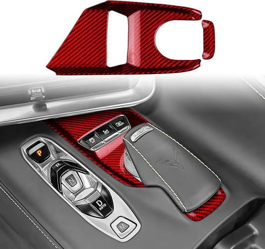 Carbon Fiber, Car Gear Shift Knob Button Panel Cover, for C8 Center Console Panel Cover Decoration for Chevrolet Corvette C8 2020 2021 2022 2023, Red