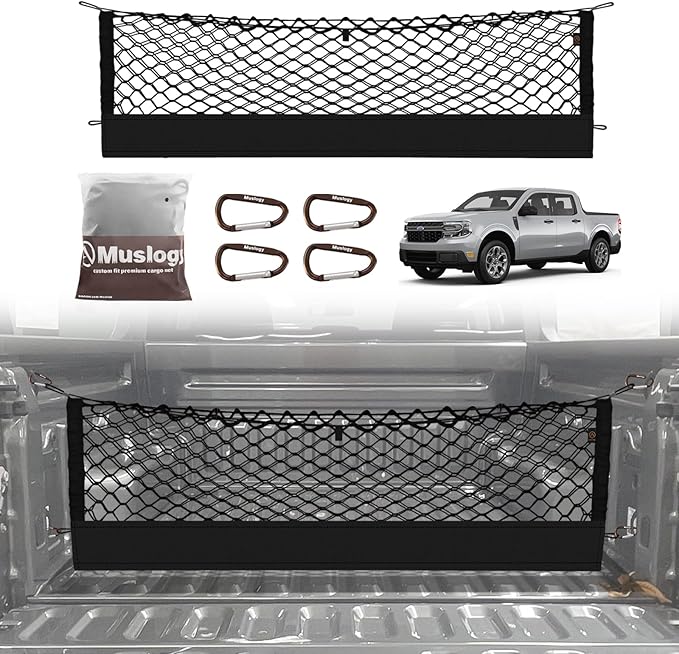 Muslogy Truck Bed Cargo Net Compatible with 2022-2024 2025 Ford Maverick Accessories Envelope Style Bed Net Trunk Organizer - Upgraded Support Stability Rope with Metal Carabiners Tight Fit, Won't Sag