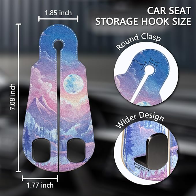 Blusabaca 2PCS Car Hooks for Purses Bags, Cute Midnight Moon Sky Clouds Seat Back Storage Headrest Holder Hanger PU Leather Double Metal Hook Backseat Organizer, Women Car Accessories Organization