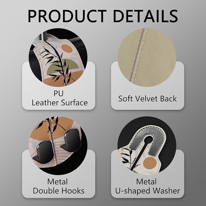 Blusabaca 2PCS Car Seat Back Storage Headrest Hooks, Abstract Boho Leaves Purse Holder Bags Hanger, PU Leather Double Metal Hook Backseat Organizer, Women Car Accessories Organization