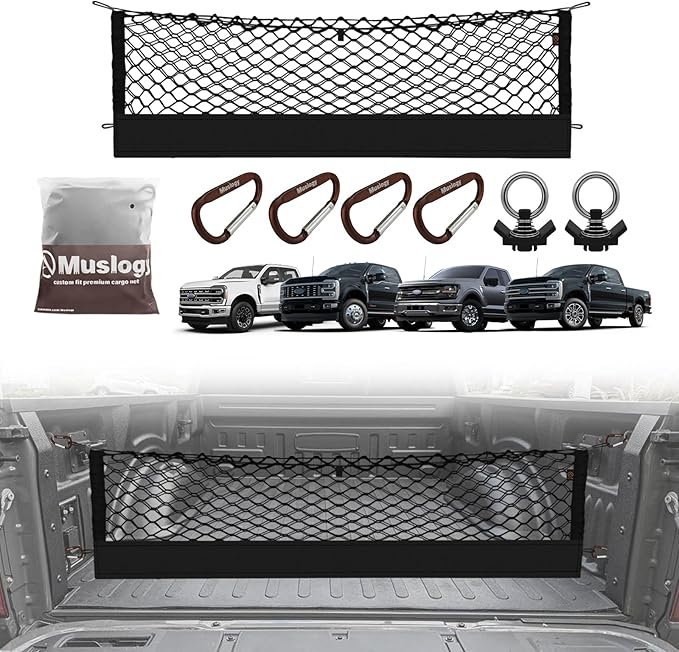 Muslogy Truck Bed Cargo Net Compatible with 2015+ Ford F150 & 2017+ F250/F350/F450 Accessories Storage Organizer Envelope Net with Mounting Snap-in Anchors Patent Pending (Not for Spray-in Liner Beds)