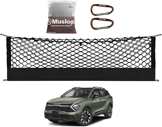 Muslogy Envelope Style Trunk Cargo Net Compatible with 2023 2024 2025 2026 Kia Sportage Accessories Stretchable Cargo Organizer Upgraded Mesh Storage Luggage Net with Metal Hooks