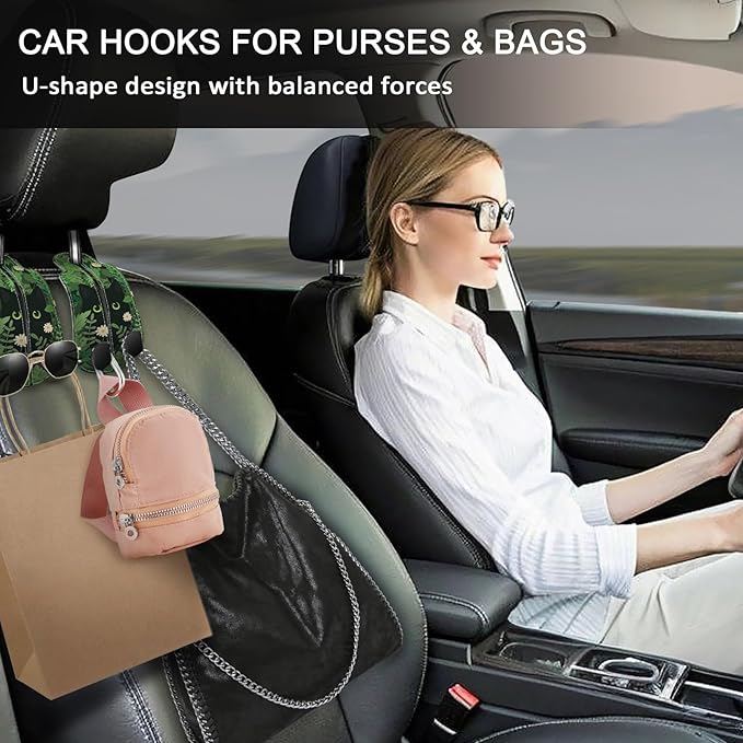 Blusabaca 2PCS Car Seat Back Storage Headrest Hooks, Black Cat Floral Purse Holder Bags Hanger, PU Leather Double Metal Hook for Backseat Organizer, Women Car Accessories Organization