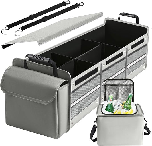Car Trunk Organizer,115L Heavy Duty Collapsible Trunk Storage, with Insulated Leakproof Cooler Bag Vehicle Cargo Organizer with Lid, 3 Compartments, Straps For Car,Suv,Jeep,Sedan-Grey