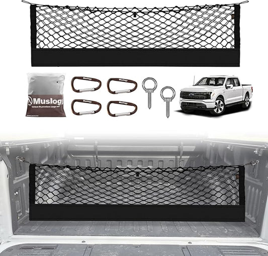 Muslogy Truck Bed Cargo Net Compatible with Ford F-150 & Lightning 2015-2025, Accessories Storage Organizer Pickup Truck Bed Envelope Style Cargo Net with Heavy Duty Carabiners