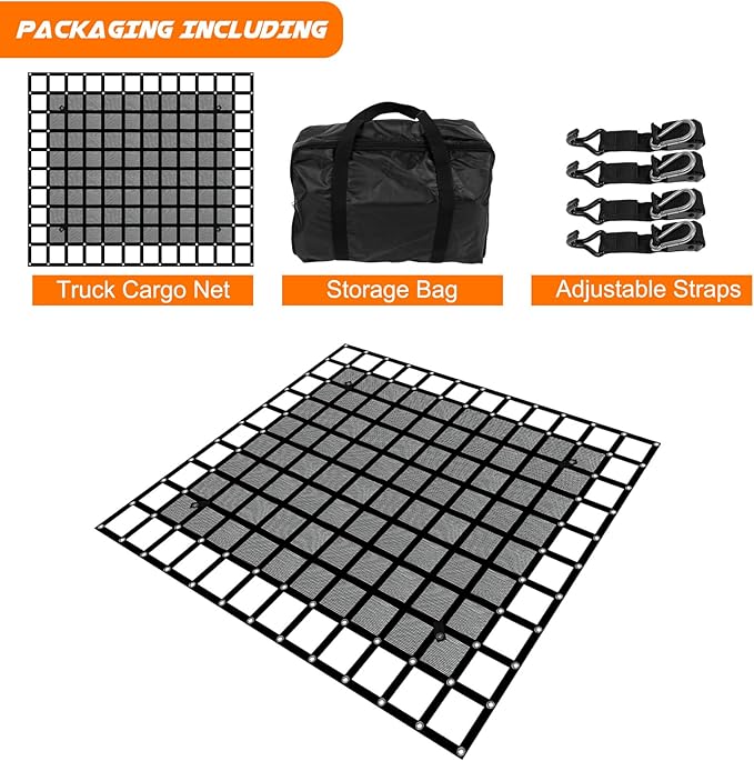 Heavy Duty Truck Cargo Net with Mesh, 6.75 ft x 8 ft 1500LBS Capicity Stretchable Truck Bed Cargo Net with Straps & Cam Buckles & J-Hooks for Pickup (81" x 96")