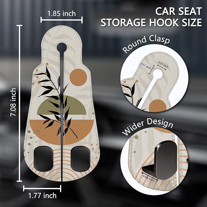 Blusabaca 2PCS Car Seat Back Storage Headrest Hooks, Abstract Boho Leaves Purse Holder Bags Hanger, PU Leather Double Metal Hook Backseat Organizer, Women Car Accessories Organization