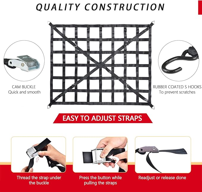 Surmountway Heavy Duty Cargo Net - 66" x 50", 1100LBS Capacity, Cam Buckles & S-Hooks, Fits Pickup Truck & Trailer Beds