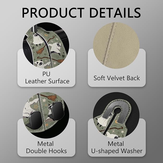 Blusabaca 2PCS Car Hooks for Purses Bags, Halloween Spooky Cute Cat Witch Magic Seat Back Storage Headrest Holder Hanger PU Leather Double Metal Backseat Organizer, Women Car Accessories Organization