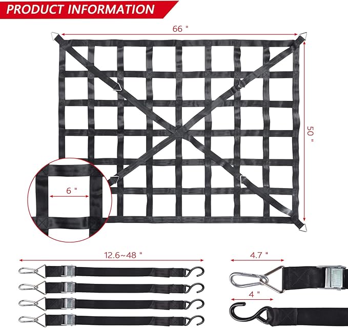 Surmountway Heavy Duty Cargo Net - 66" x 50", 1100LBS Capacity, Cam Buckles & S-Hooks, Fits Pickup Truck & Trailer Beds