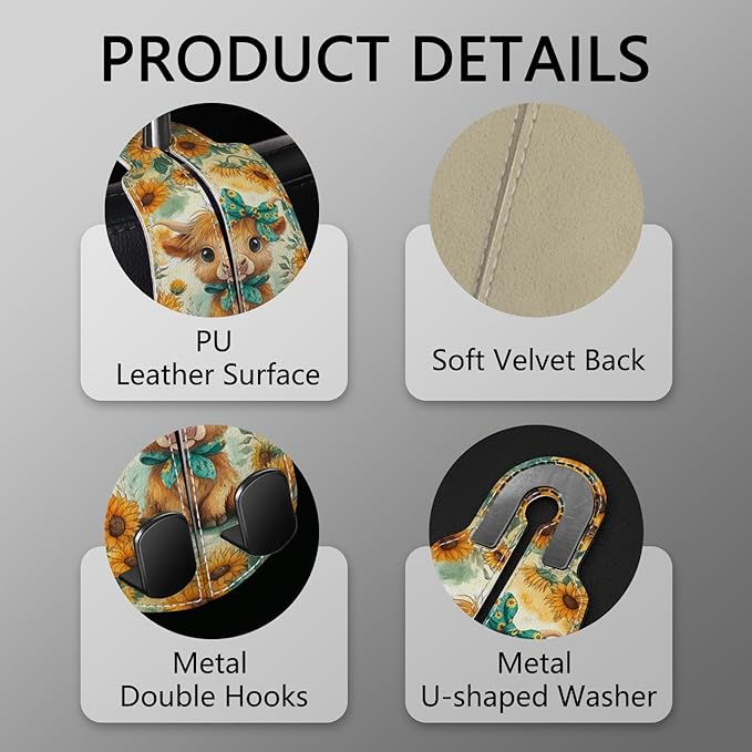 Blusabaca 2PCS Car Hooks for Purses Bags, Highland Cow Cattle Artwork Modern Seat Back Storage Headrest Holder Hanger PU Leather Double Metal Backseat Organizer, Women Car Accessories Organization