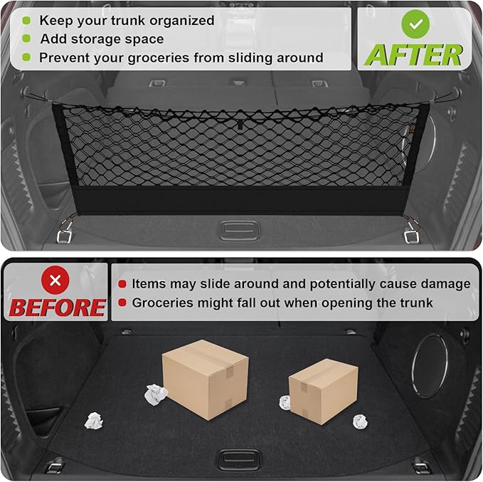 Muslogy Envelope Style Trunk Cargo Net Compatible with 2015-2021 Jeep Grand Cherokee Accessories Custom Fit Trunk Organizer Upgraded Mesh Storage Luggage Net with Metal Hooks (WK2 ONLY)