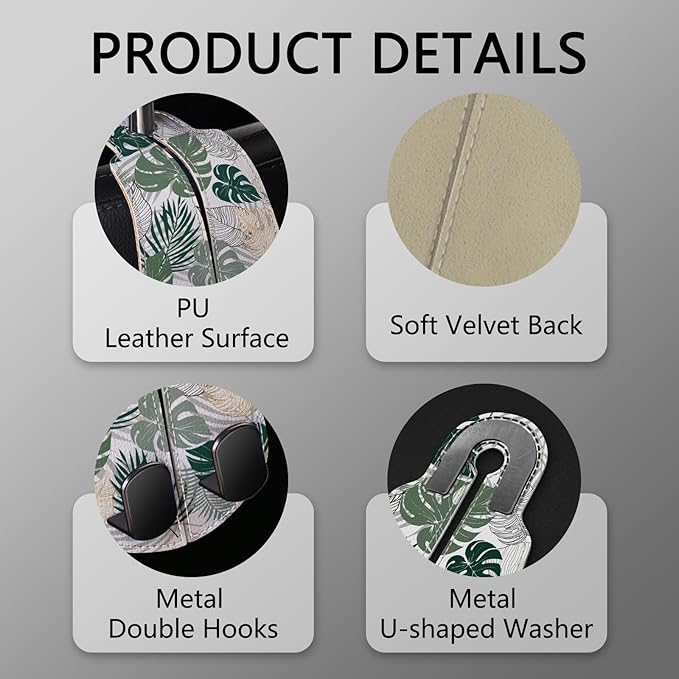 Blusabaca 2PCS Car Seat Back Storage Headrest Hooks, Tropical Leaf Purse Holder Bags Hanger, PU Leather Double Metal Hook for Backseat Organizer, Women Car Accessories Organization
