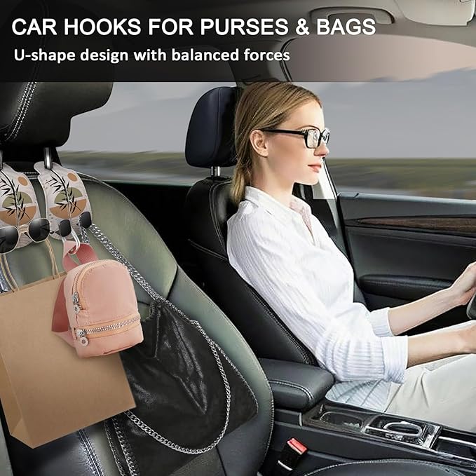 Blusabaca 2PCS Car Seat Back Storage Headrest Hooks, Abstract Boho Leaves Purse Holder Bags Hanger, PU Leather Double Metal Hook Backseat Organizer, Women Car Accessories Organization