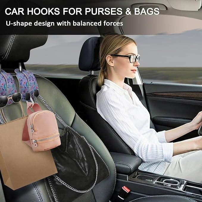 Blusabaca 2PCS Car Seat Back Storage Headrest Hooks, Cute Axolotl Purse Holder Bags Hanger, PU Leather Double Metal Hook for Backseat Organizer, Women Car Accessories Organization