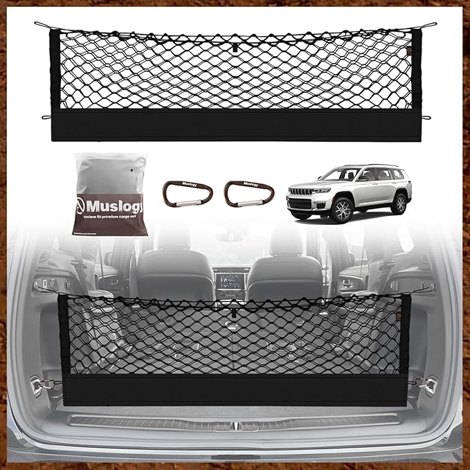 Muslogy Envelope Style Trunk Cargo Net Compatible with 2021-2024 2025 Jeep Grand Cherokee L Accessories Custom Fit Trunk Organizer Upgraded Storage Luggage Net with Metal Hooks (3-Row GCL)