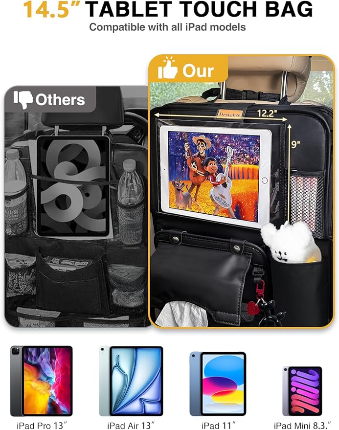 1-Pack Leather Car Backseat Organizer with Tablet Holder–Foldable Food Tray,Storage Pockets,Trash Can,Tissue Holder & Insulated Bag–Kick Mats Protector for Kids,Travel Accessories Organizer