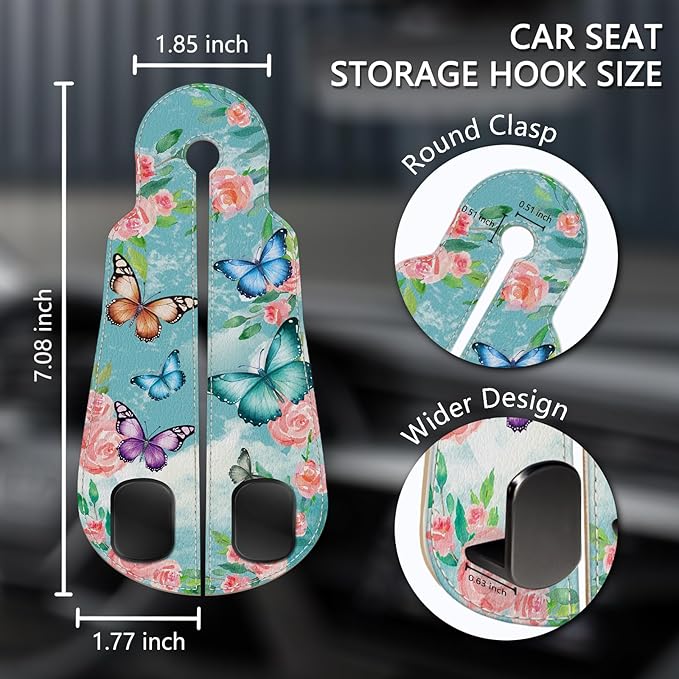 Blusabaca 2PCS Car Seat Back Storage Headrest Hooks, Butterfly Purse Holder Bags Hanger, PU Leather Double Metal Hook for Backseat Organizer, Women Car Accessories Organization