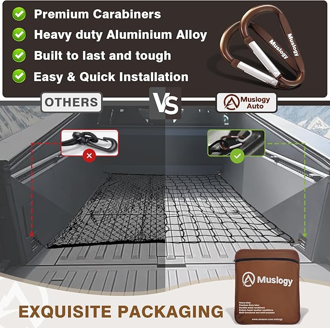 Muslogy Cargo Net Compatible with Pickup Truck Bed Organizer Divider Stretchable 4'x6' to 8'x12' High Elastic Trailer Accessories Storage Bungee Mesh with 14 Metal Carabiners (Upgraded 6mm Latex)