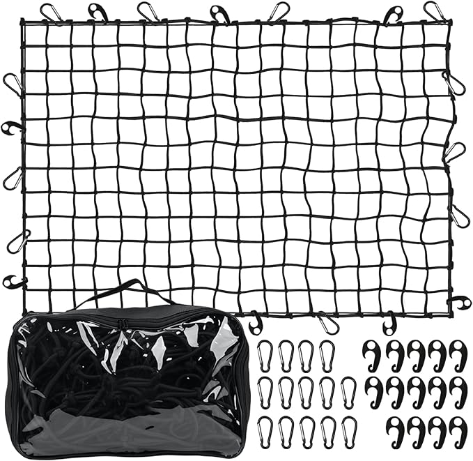 5’ x 7'Cargo Net for Pickup Truck Bed Stretches to 10' x 14' Heavy-Duty, Mesh Square Latex Bungee Netting with 14 Metal Carabiners + 14 Hooks- Compatible with Ford, Dodge RAM, Chevy, Toyota