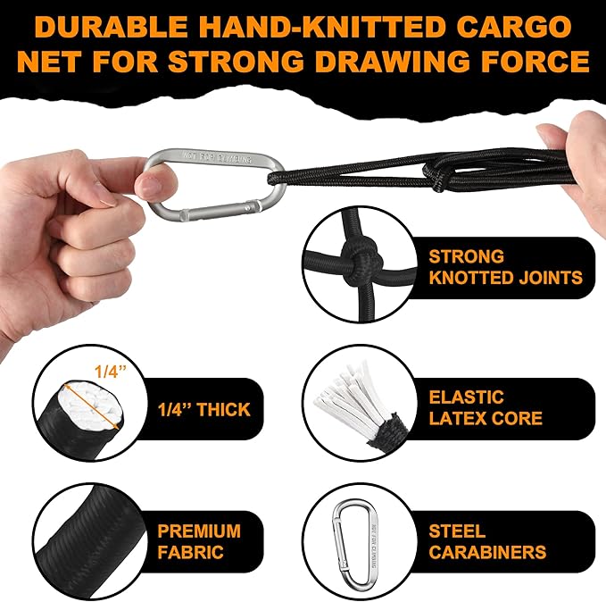 Seven Sparta 4' x 6' Large Cargo Net for Pickup Truck Bed Stretches to 8' x 12' for Truck Bed, Trailer, Trunk, SUV with 12 Bonus D Clip Carabiners Cargo Net for Large Loads (Black, 4'x6')